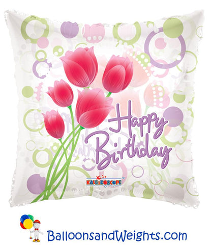 18 Inch Happy Birthday Tulips Clear View Foil Balloon | 100 pc