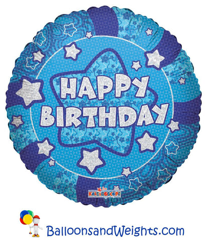 18 Inch Holographic Blue Happy Birthday Foil Balloon | 100 pc