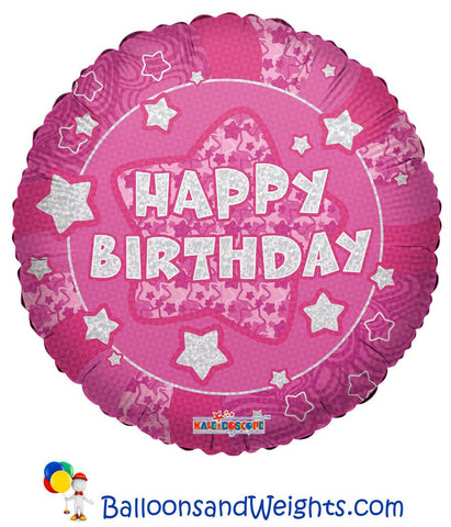 18 Inch Holographic Pink Happy Birthday Foil Balloon | 100 pc