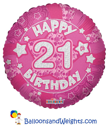 18 Inch Holographic Pink Happy 21st Birthday Foil Balloon | 100 pc