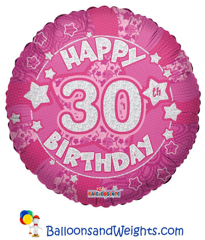 18 Inch Holographic Pink Happy 30th Birthday Foil Balloon | 100 pc