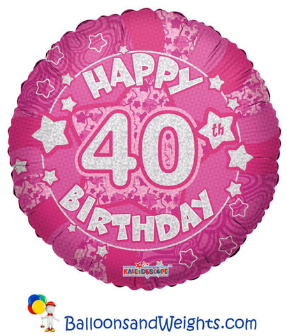 18 Inch Holographic Pink Happy 40th Birthday Foil Balloon | 100 pc