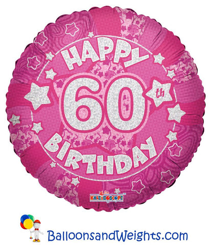 18 Inch Holographic Pink Happy 60th Birthday Foil Balloon | 100 pc